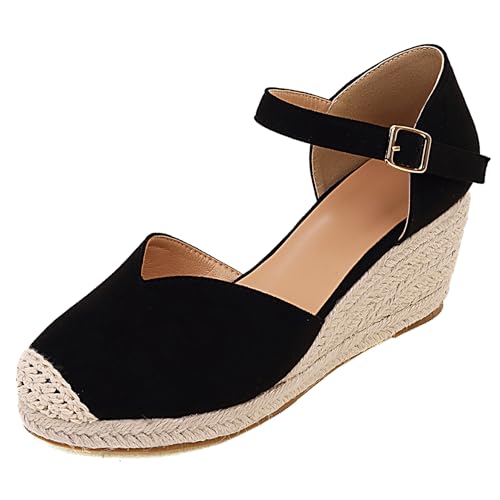 Gicoiz Mode Espadrille Geschlossen Damen Plateau Sandals Sommer Komfort Knöchelriemchen Runde Zehen Keilabsatz Schnüren Strappy Schwarz Gr 33 EU von Gicoiz