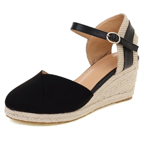 Gicoiz Mode Espadrille Geschlossen Damen Plateau Sandals Sommer Komfort Knöchelriemchen Runde Zehen Keilabsatz Schnüren Strappy Schwarz Gr 34 EU von Gicoiz