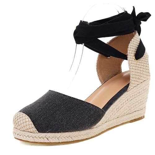 Gicoiz Mode Espadrille Geschlossen Damen Plateau Sandals Sommer Komfort Knöchelriemchen Runde Zehen Keilabsatz Schnüren Strappy Schwarz Gr 36.5 EU-37Cn von Gicoiz