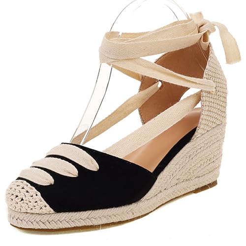 Gicoiz Mode Espadrille Geschlossen Damen Plateau Sandals Sommer Komfort Knöchelriemchen Runde Zehen Keilabsatz Schnüren Strappy Schwarz Gr 38 EU-39Cn von Gicoiz