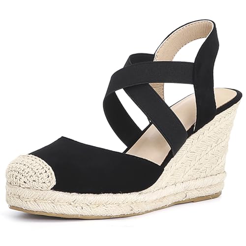 Gicoiz Mode Espadrille Geschlossen Damen Plateau Sandals Sommer Komfort Knöchelriemchen Runde Zehen Keilabsatz Schnüren Strappy Schwarz Gr 39 EU-40Cn von Gicoiz