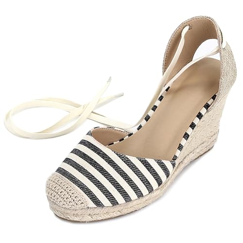 Gicoiz Mode Espadrille Geschlossen Damen Plateau Sandals Sommer Komfort Knöchelriemchen Runde Zehen Keilabsatz Schnüren Strappy Schwarz-Weiß Gr 35 EU von Gicoiz