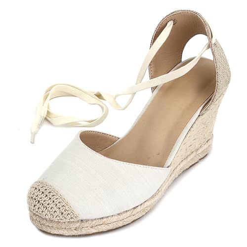 Gicoiz Mode Espadrille Geschlossen Damen Plateau Sandals Sommer Komfort Knöchelriemchen Runde Zehen Keilabsatz Schnüren Strappy Weiß Gr 32 EU von Gicoiz