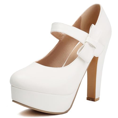 Gicoiz Mode High Schuhe Lady Runde Zehen Brautschuhe Sommer Elegant Plateau Blockabsatz Geschlossen Bogen Pumps Glitzer Weiß Gr 40 EU-41Cn von Gicoiz