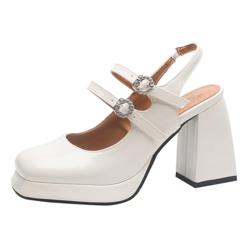 Gicoiz Mode Plateau Mary Jane Slingback Damen Square Toe Chunky Block High Schuhe Abend Weit Fit Knöchelriemchen Party Schuhe Beige Gr 32 EU von Gicoiz