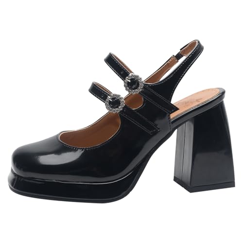 Gicoiz Mode Plateau Mary Jane Slingback Damen Square Toe Chunky Block High Schuhe Abend Weit Fit Knöchelriemchen Party Schuhe Schwarz Gr 33 EU von Gicoiz