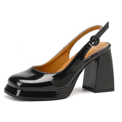 Gicoiz Mode Plateau Mary Jane Slingback Damen Square Toe Chunky Block High Schuhe Abend Weit Fit Knöchelriemchen Party Schuhe Schwarz Gr 34 EU von Gicoiz