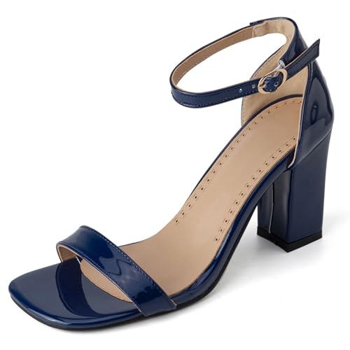 Gicoiz Offene Zeh Blockabsatz Damen Komfort Lack Sandals Mode Knöchelriemchen Bridal Chunky Höhe Ferse Party Offene Zeh Dark-Blau Gr 51 EU-53Cn von Gicoiz