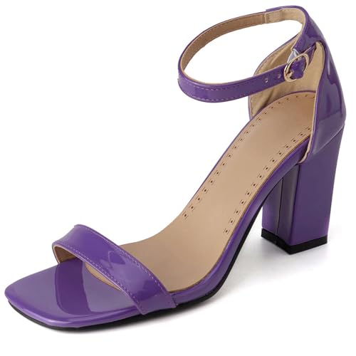 Gicoiz Offene Zeh Blockabsatz Damen Komfort Lack Sandals Mode Knöchelriemchen Bridal Chunky Höhe Ferse Party Offene Zeh Dark-Violett Gr 32 EU von Gicoiz