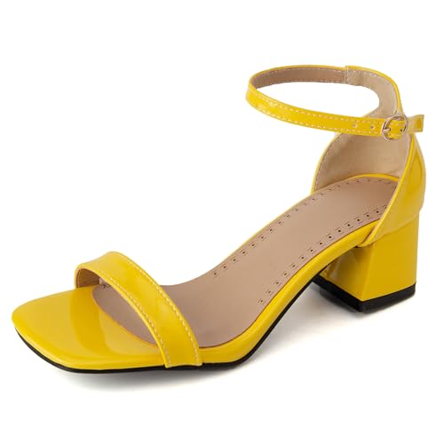 Gicoiz Offene Zeh Blockabsatz Damen Komfort Lack Sandals Mode Knöchelriemchen Bridal Chunky Höhe Ferse Party Offene Zeh Gelb Gr 34 EU von Gicoiz