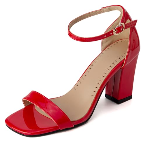 Gicoiz Offene Zeh Blockabsatz Damen Komfort Lack Sandals Mode Knöchelriemchen Bridal Chunky Höhe Ferse Party Offene Zeh Rot Gr 33 EU von Gicoiz