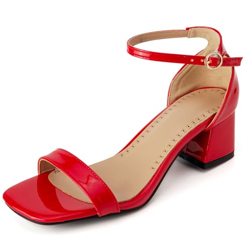 Gicoiz Offene Zeh Blockabsatz Damen Komfort Lack Sandals Mode Knöchelriemchen Bridal Chunky Höhe Ferse Party Offene Zeh Rot Gr 35 EU von Gicoiz