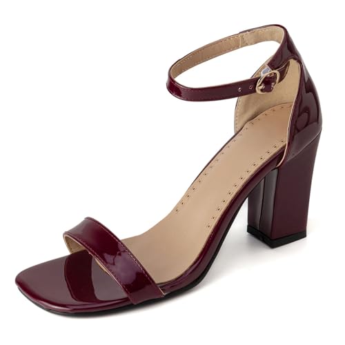 Gicoiz Offene Zeh Blockabsatz Damen Komfort Lack Sandals Mode Knöchelriemchen Bridal Chunky Höhe Ferse Party Offene Zeh Rotwein Gr 38 EU-39Cn von Gicoiz