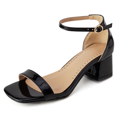 Gicoiz Offene Zeh Blockabsatz Damen Komfort Lack Sandals Mode Knöchelriemchen Bridal Chunky Höhe Ferse Party Offene Zeh Schwarz Gr 33 EU von Gicoiz