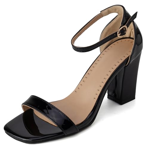 Gicoiz Offene Zeh Blockabsatz Damen Komfort Lack Sandals Mode Knöchelriemchen Bridal Chunky Höhe Ferse Party Offene Zeh Schwarz Gr 42 EU-44Cn von Gicoiz