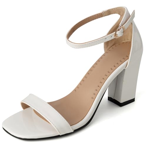 Gicoiz Offene Zeh Blockabsatz Damen Komfort Lack Sandals Mode Knöchelriemchen Bridal Chunky Höhe Ferse Party Offene Zeh Weiß Gr 33 EU von Gicoiz