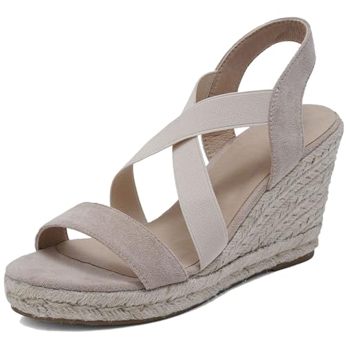 Gicoiz Offene Zeh Espadrille Damen Komfort Knöchelriemchen Sandals Schnalle Sommer Mode Plateau Keilabsatz Strand Pantoffeln Beige Gr 41 EU-43Cn von Gicoiz