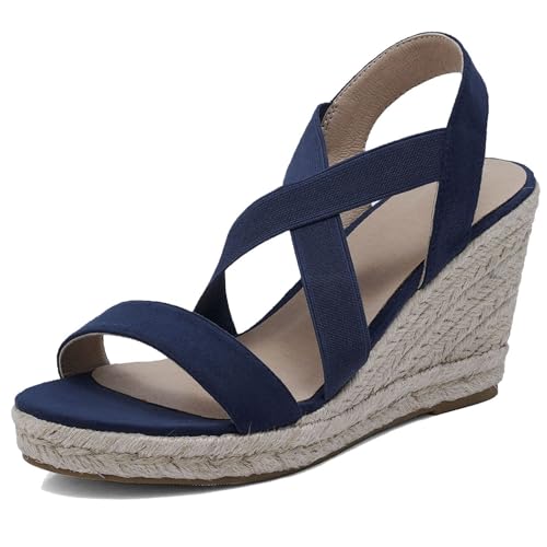 Gicoiz Offene Zeh Espadrille Damen Komfort Knöchelriemchen Sandals Schnalle Sommer Mode Plateau Keilabsatz Strand Pantoffeln Blau Gr 34 EU von Gicoiz