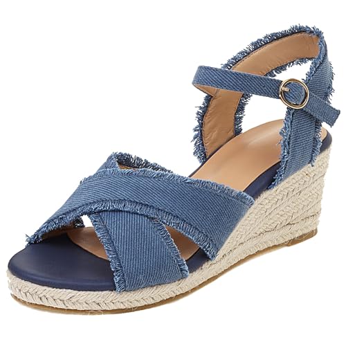 Gicoiz Offene Zeh Espadrille Damen Komfort Knöchelriemchen Sandals Schnalle Sommer Mode Plateau Keilabsatz Strand Pantoffeln Blau Gr 36.5 EU-37Cn von Gicoiz