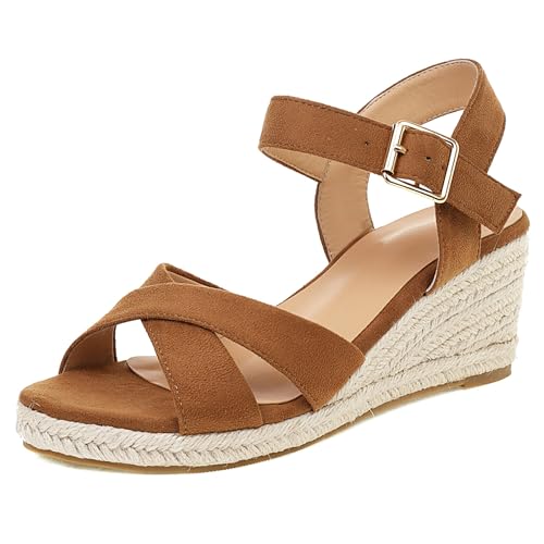 Gicoiz Offene Zeh Espadrille Damen Komfort Knöchelriemchen Sandals Schnalle Sommer Mode Plateau Keilabsatz Strand Pantoffeln Camel Gr 33 EU von Gicoiz