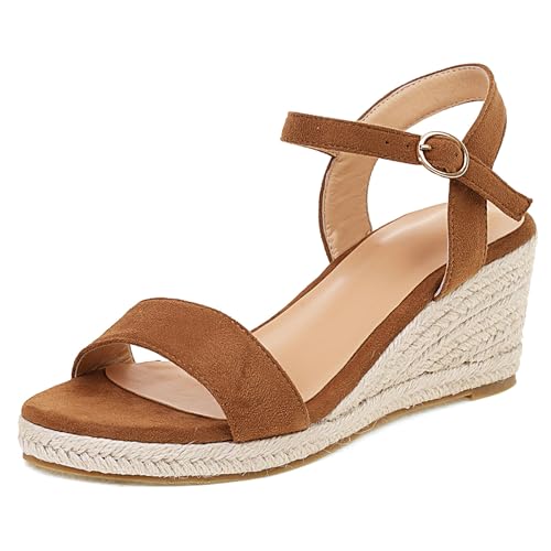 Gicoiz Offene Zeh Espadrille Damen Komfort Knöchelriemchen Sandals Schnalle Sommer Mode Plateau Keilabsatz Strand Pantoffeln Camel Gr 33 EU von Gicoiz