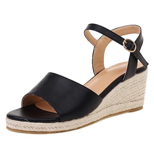 Gicoiz Offene Zeh Espadrille Damen Komfort Knöchelriemchen Sandals Schnalle Sommer Mode Plateau Keilabsatz Strand Pantoffeln Schwarz Gr 36 EU von Gicoiz