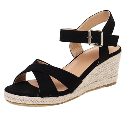 Gicoiz Offene Zeh Espadrille Damen Komfort Knöchelriemchen Sandals Schnalle Sommer Mode Plateau Keilabsatz Strand Pantoffeln Schwarz Gr 38 EU-39Cn von Gicoiz