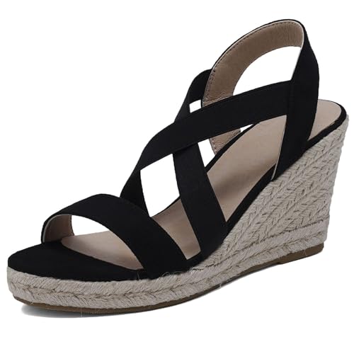 Gicoiz Offene Zeh Espadrille Damen Komfort Knöchelriemchen Sandals Schnalle Sommer Mode Plateau Keilabsatz Strand Pantoffeln Schwarz Gr 39 EU-40Cn von Gicoiz
