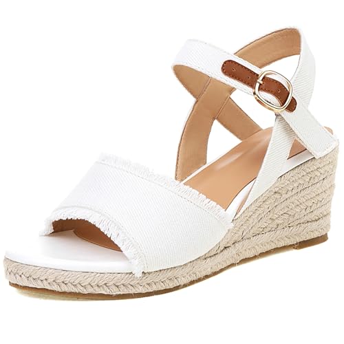 Gicoiz Offene Zeh Espadrille Damen Komfort Knöchelriemchen Sandals Schnalle Sommer Mode Plateau Keilabsatz Strand Pantoffeln Weiß Gr 32 EU von Gicoiz