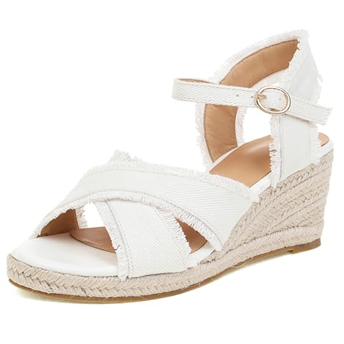 Gicoiz Offene Zeh Espadrille Damen Komfort Knöchelriemchen Sandals Schnalle Sommer Mode Plateau Keilabsatz Strand Pantoffeln Weiß Gr 33 EU von Gicoiz
