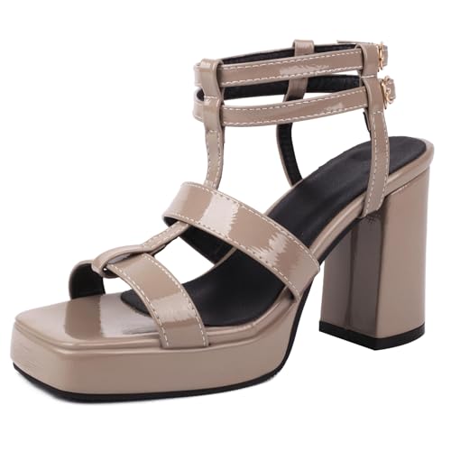 Gicoiz Offene Zeh Gladiator Block Sandalen Damen Lack Sandals Weit Fit Sommer Leisure Chunky Plateau Romisch Strappy Höhe Ferse Aprikose Gr 35 EU von Gicoiz