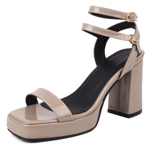 Gicoiz Offene Zeh Gladiator Block Sandalen Damen Lack Sandals Weit Fit Sommer Leisure Chunky Plateau Romisch Strappy Höhe Ferse Aprikose Gr 39 EU-40Cn von Gicoiz