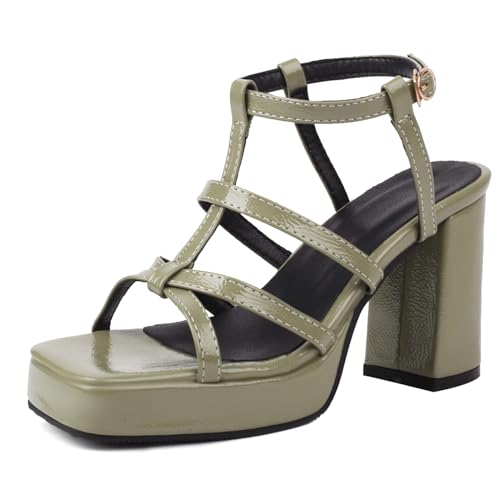 Gicoiz Offene Zeh Gladiator Block Sandalen Damen Lack Sandals Weit Fit Sommer Leisure Chunky Plateau Romisch Strappy Höhe Ferse Grün Gr 35 EU von Gicoiz