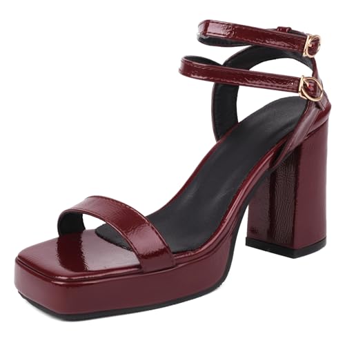 Gicoiz Offene Zeh Gladiator Block Sandalen Damen Lack Sandals Weit Fit Sommer Leisure Chunky Plateau Romisch Strappy Höhe Ferse Rotwein Gr 38 EU-39Cn von Gicoiz