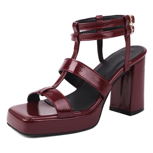 Gicoiz Offene Zeh Gladiator Block Sandalen Damen Lack Sandals Weit Fit Sommer Leisure Chunky Plateau Romisch Strappy Höhe Ferse Rotwein Gr 39 EU-40Cn von Gicoiz