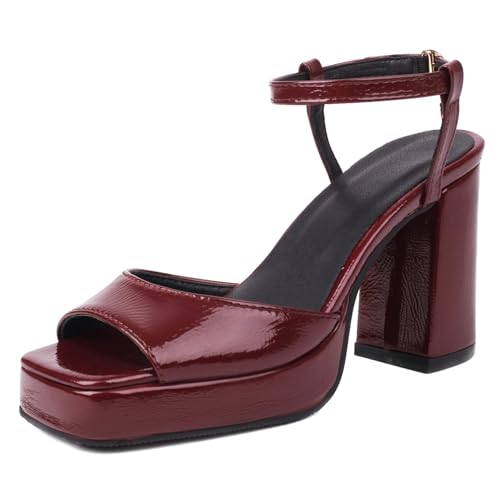 Gicoiz Offene Zeh Gladiator Block Sandalen Damen Lack Sandals Weit Fit Sommer Leisure Chunky Plateau Romisch Strappy Höhe Ferse Rotwein Gr 40.5 EU-42Cn von Gicoiz