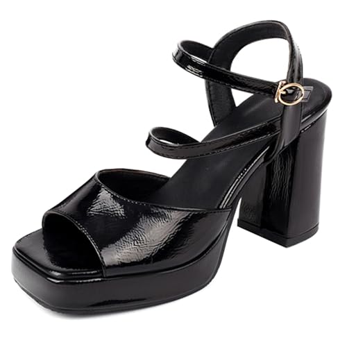 Gicoiz Offene Zeh Gladiator Block Sandalen Damen Lack Sandals Weit Fit Sommer Leisure Chunky Plateau Romisch Strappy Höhe Ferse Schwarz Gr 38 EU-39Cn von Gicoiz
