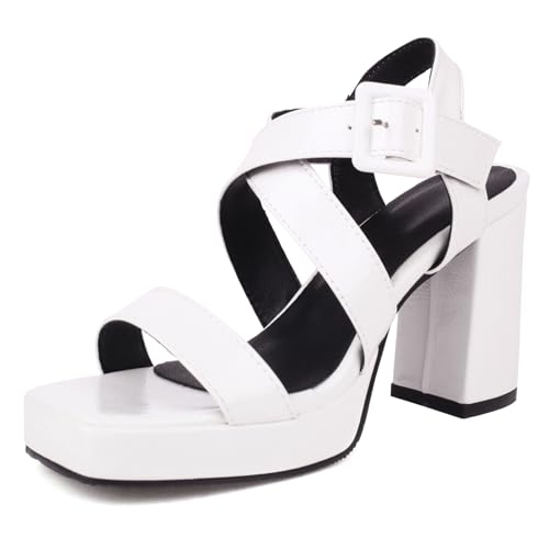 Gicoiz Offene Zeh Gladiator Block Sandalen Damen Lack Sandals Weit Fit Sommer Leisure Chunky Plateau Romisch Strappy Höhe Ferse Weiß Gr 38 EU-39Cn von Gicoiz