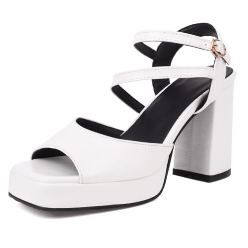 Gicoiz Offene Zeh Gladiator Block Sandalen Damen Lack Sandals Weit Fit Sommer Leisure Chunky Plateau Romisch Strappy Höhe Ferse Weiß Gr 40 EU-41Cn von Gicoiz