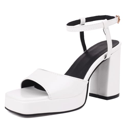 Gicoiz Offene Zeh Gladiator Block Sandalen Damen Lack Sandals Weit Fit Sommer Leisure Chunky Plateau Romisch Strappy Höhe Ferse Weiß Gr 40.5 EU-42Cn von Gicoiz