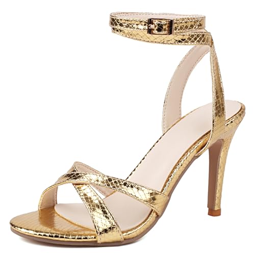 Gicoiz Offene Zeh Stilettos Hochzeit Bride Sandals Simple Knöchelriemchen Damen Elegant Abend Dancing Höhe Ferse Schnalle Gold Gr 35 EU von Gicoiz