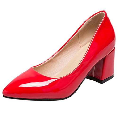 Gicoiz Ohne Verschluss Block Schuhe Damen Pointed Toe Simple Pumps Buro Arbeit Formal Schuhe Chunky Höhe Ferse Lack Rot Gr 48 EU-50Cn von Gicoiz