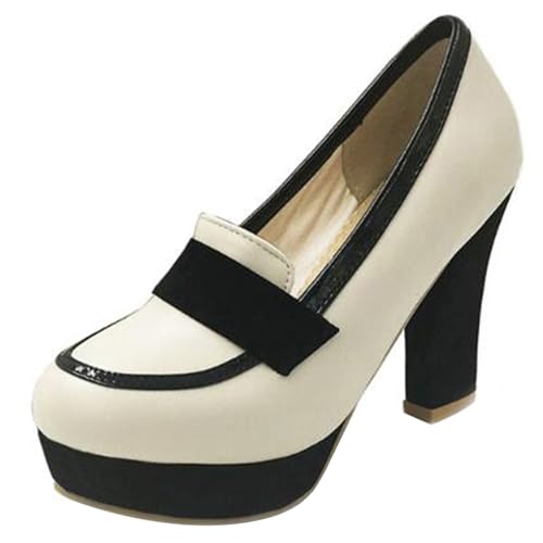 Gicoiz Ohne Verschluss Block Schuhe Plateau Damen Hochzeit Schuhe Runde Zehen Party Blumes Chunky Höhe Ferse Bride Sommer Bogen Pumps Beige/H7 Gr 43 EU-45Cn von Gicoiz