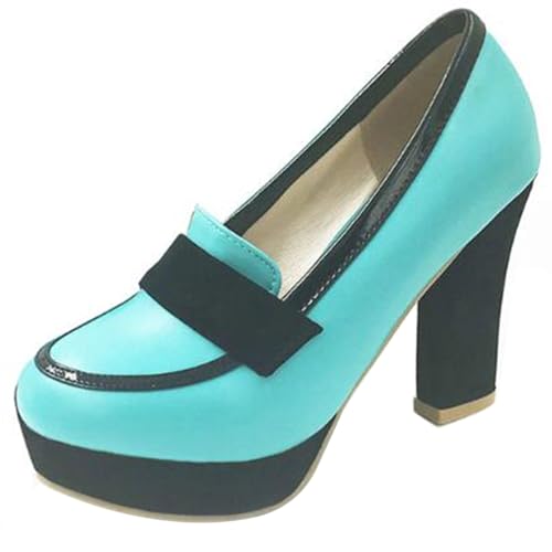 Gicoiz Ohne Verschluss Block Schuhe Plateau Damen Hochzeit Schuhe Runde Zehen Party Blumes Chunky Höhe Ferse Bride Sommer Bogen Pumps Blau/H7 Gr 43 EU-45Cn von Gicoiz