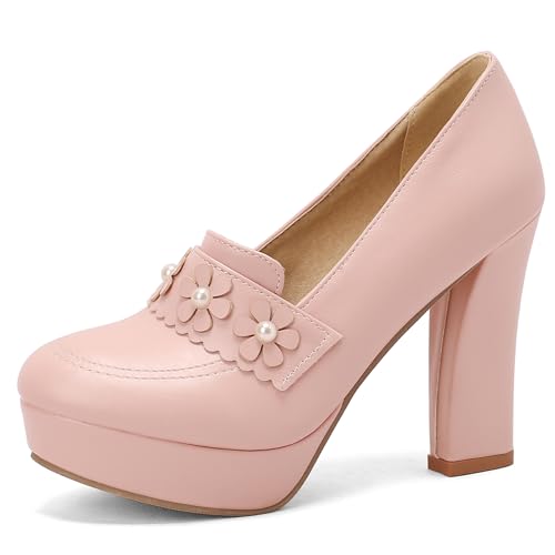 Gicoiz Ohne Verschluss Block Schuhe Plateau Damen Hochzeit Schuhe Runde Zehen Party Blumes Chunky Höhe Ferse Bride Sommer Bogen Pumps Pink Gr 36.5 EU-37Cn von Gicoiz