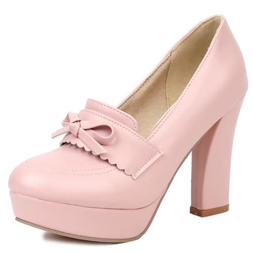 Gicoiz Ohne Verschluss Block Schuhe Plateau Damen Hochzeit Schuhe Runde Zehen Party Blumes Chunky Höhe Ferse Bride Sommer Bogen Pumps Pink Gr 42 EU-44Cn von Gicoiz