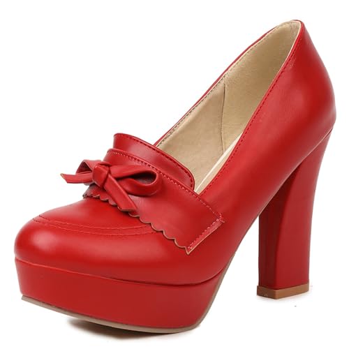 Gicoiz Ohne Verschluss Block Schuhe Plateau Damen Hochzeit Schuhe Runde Zehen Party Blumes Chunky Höhe Ferse Bride Sommer Bogen Pumps Rot Gr 40.5 EU-42Cn von Gicoiz