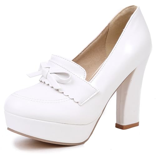 Gicoiz Ohne Verschluss Block Schuhe Plateau Damen Hochzeit Schuhe Runde Zehen Party Blumes Chunky Höhe Ferse Bride Sommer Bogen Pumps Weiß Gr 41 EU-43Cn von Gicoiz