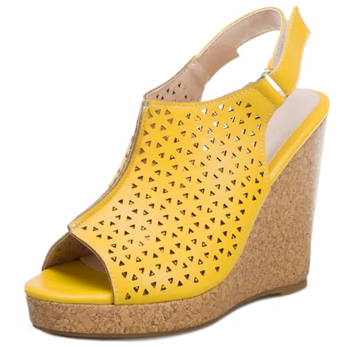 Gicoiz Peep Toe Keilabsatz Damen Plateau Gladiator Sandals Sommer Hochzeit Elegant Höhe Ferse Mode Knöchelriemchen Slingback Romisch Gelb Gr 38 EU-39Cn von Gicoiz