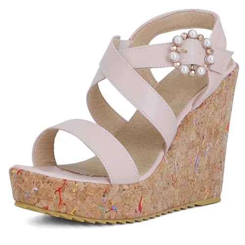 Gicoiz Peep Toe Keilabsatz Damen Plateau Gladiator Sandals Sommer Hochzeit Elegant Höhe Ferse Mode Knöchelriemchen Slingback Romisch Pink Gr 35 EU von Gicoiz